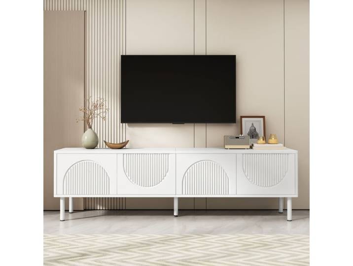 VUENOR meuble TV 180 cm blanc mat avec 4 portes rangements fermés et passe-câbles