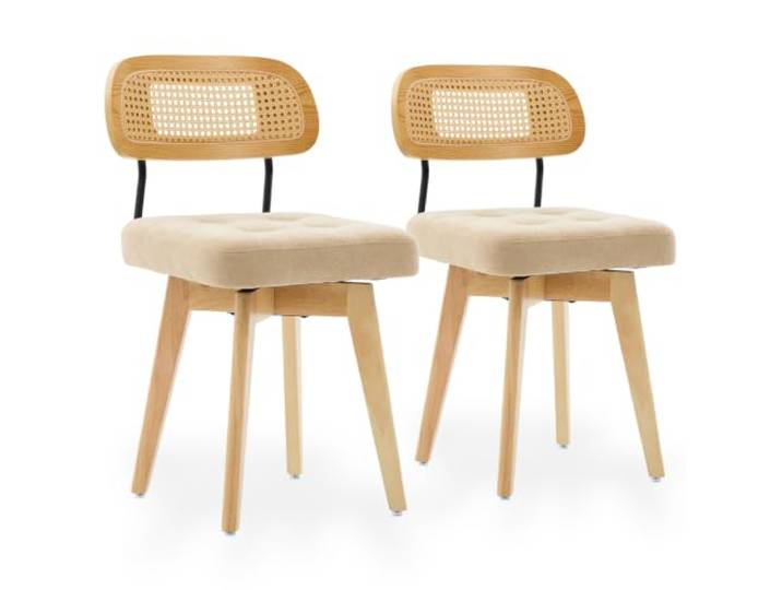 SEEDWAVE 2er-Set Drehbare Esszimmerstühle mit Rattangeflecht-Lehnen Gepolsterte Chenille-Sitze mit Holzbeinen für Esszimmer, Küche, Schlafzimmer und Schminkbereich