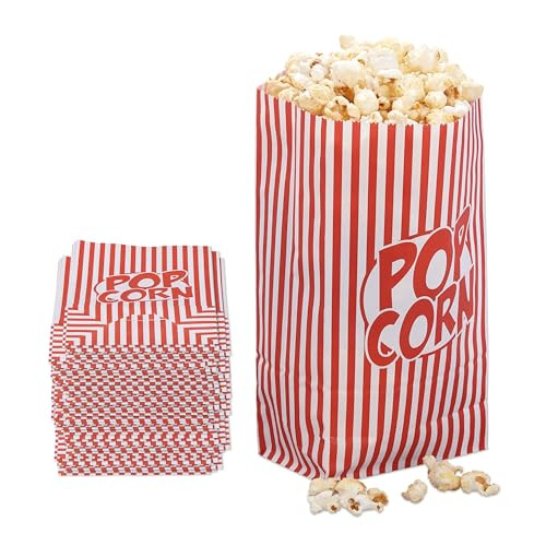 Relaxdays Popcorn zakjes set van 100 stuks, rood/wit gestreept retro design van papier