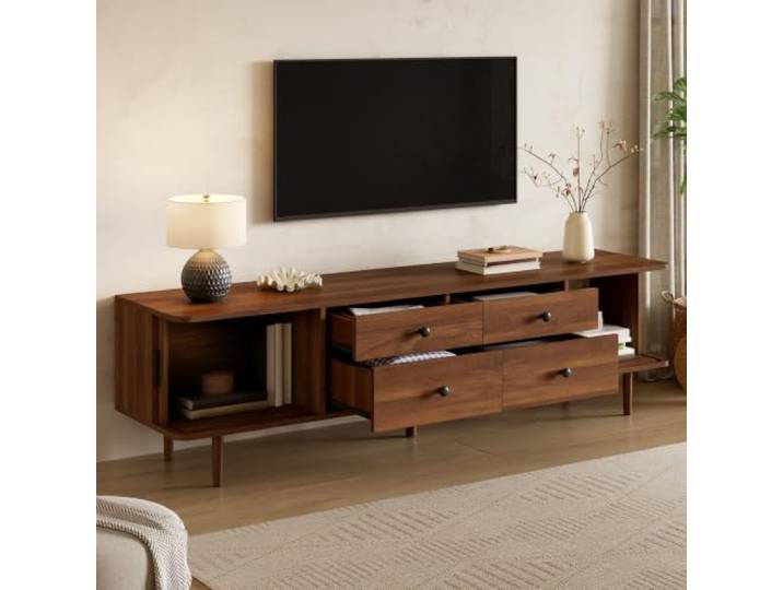 Crlnaup TV-Lowboard 165 cm, MDF TV-Schrank mit 4 Schubladen und 2 Schiebetüren, großer Stauraum, runde Ecken