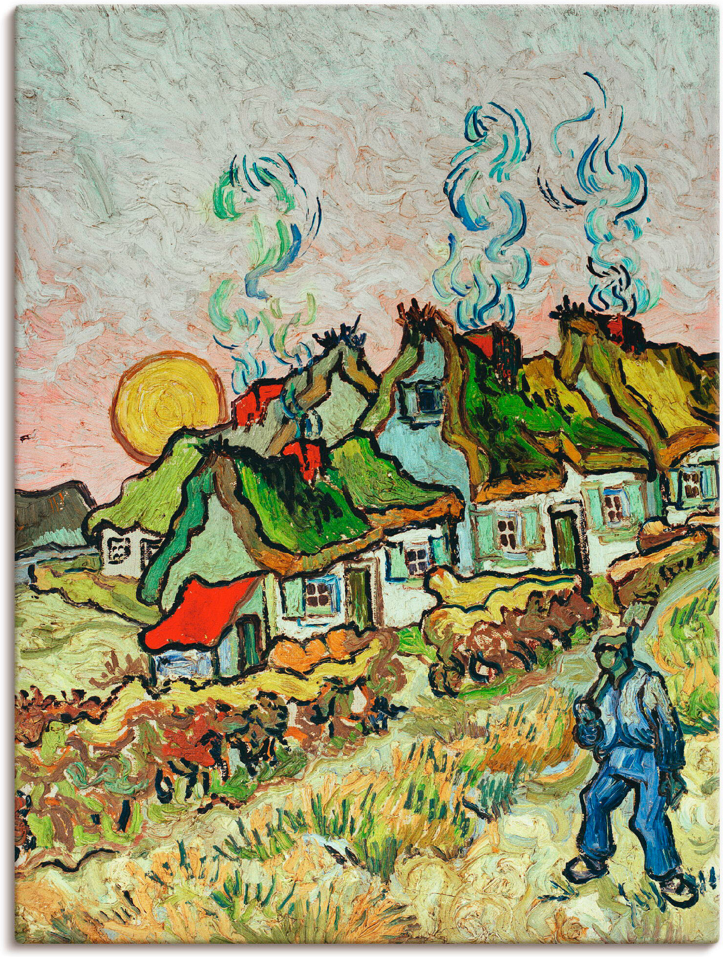 Leinwandbild ARTLAND "Bauernhäuser bei Sonnenuntergang", bunt (farbe bild(er): bunt), B:30cm H:40cm, Bilder, Leinwandbild, auf Holzrahmen gespannt farbe bild(er): bunt B/H/T: 30cm x 40cm, Leinwandbild Sonnenaufgang & -untergang Hochformat, 1 Stk.
