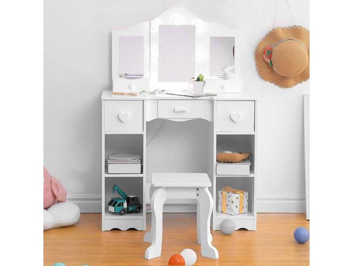 Coiffeuse pour enfant - PROMIRACAL - 70x34x100cm - Miroir Pliable - 5 Tiroirs - Blanc
