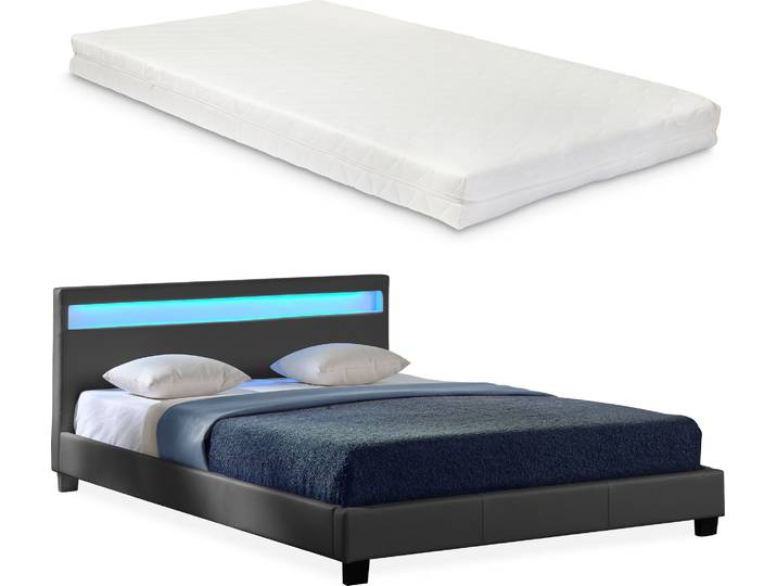 LED Polsterbett Matratze 140x200cm Dunkelgrau Kunst-Leder Doppel Bett CORIUM