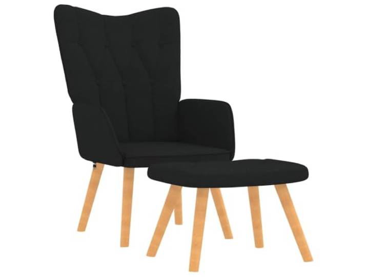 Relaxsessel mit Hocker Schwarz Stoff 7 Polsterknöpfe, zierende Nähte, Stahlrahmen, Holzbeine, Schaumstoff-Polsterung, 110 kg pro Sitzplatz