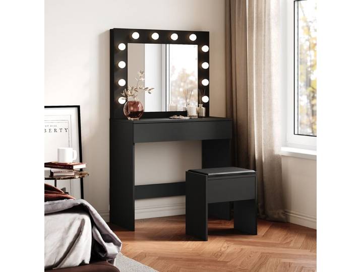 SIRHONA Coiffeuse avec Miroir et Tabouret Ensemble de Coiffeuse avec Ampoules LED à Intensité Variable Grand Tiroir Noir80x40x140cm