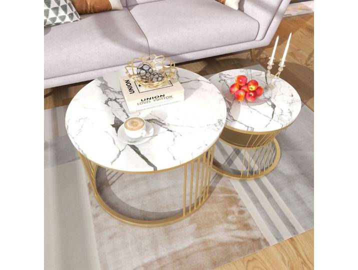 Lot de 2 - Tables Basses Rondes 70cm- Cadre Doré - Tables d'Appoint pour Salon - Plateau en Motif Marbre - Tables de Salon - Moderne