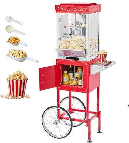 VEVOR Popcornmachine met wagen en waterkoker, 800W commerciële popcornmachine, rood