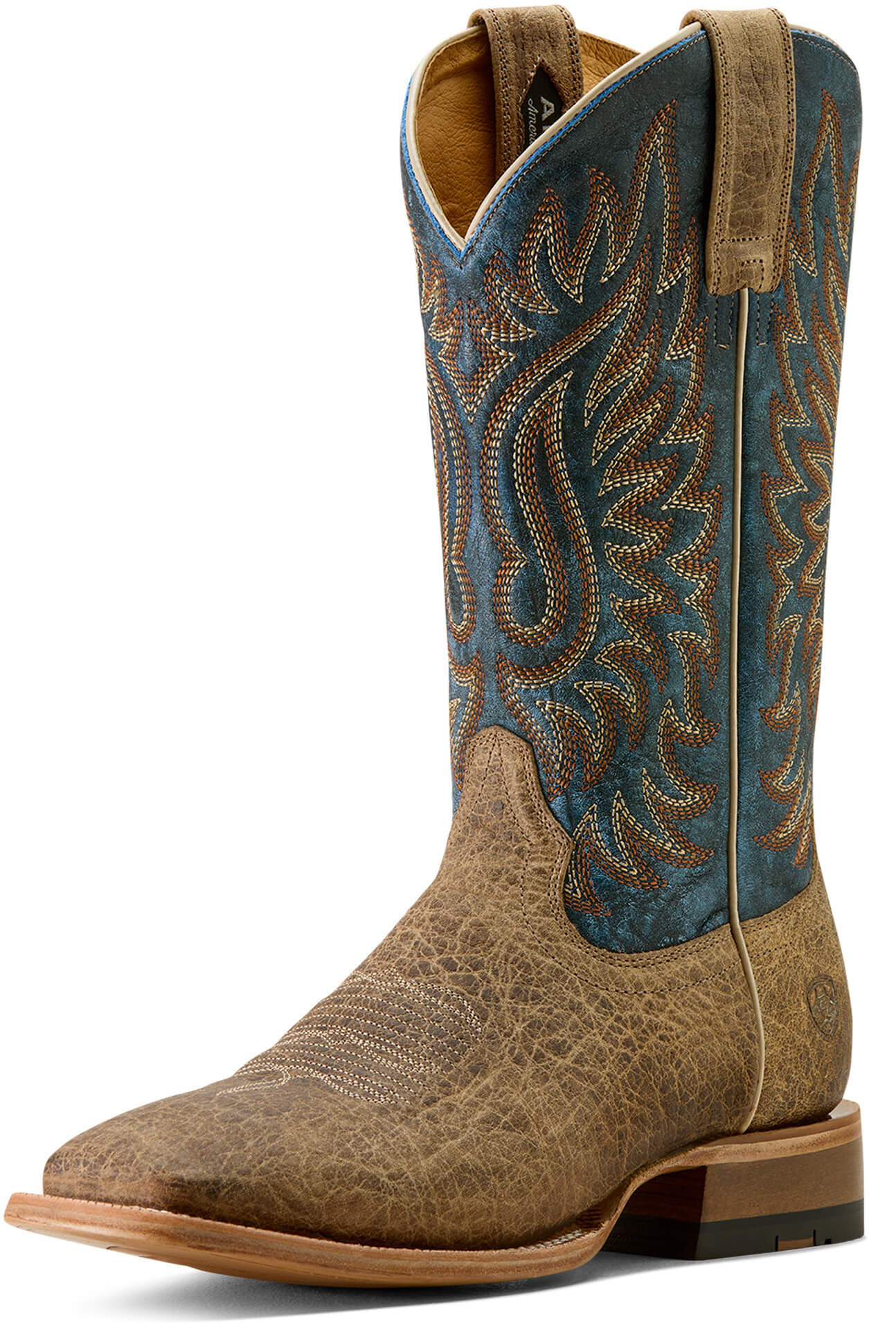 Men's Gold Point Wide Square Toe Cowboy Boots in Earth Brown Bison Royal Blue Leather, Size: 11.5 EE by Ariat