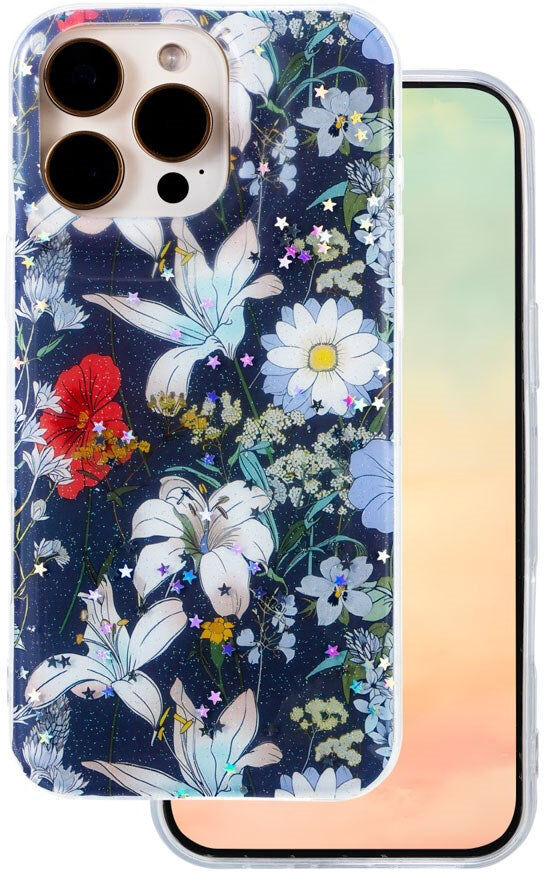 iPhone 16 Pro TFO Glow Glam Bagside Cover - Blå / Blomster