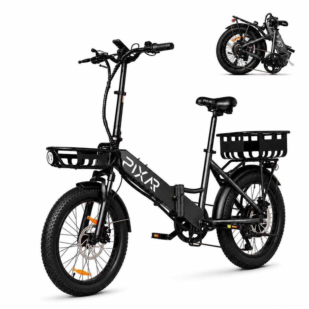 PIXAR WIND1 Faltbares City E-Bike 20 Zoll Fat Tire, 250W, 48V Akku, Shimano 7-Gang, Gepäckträger, für Alltag & Pendeln