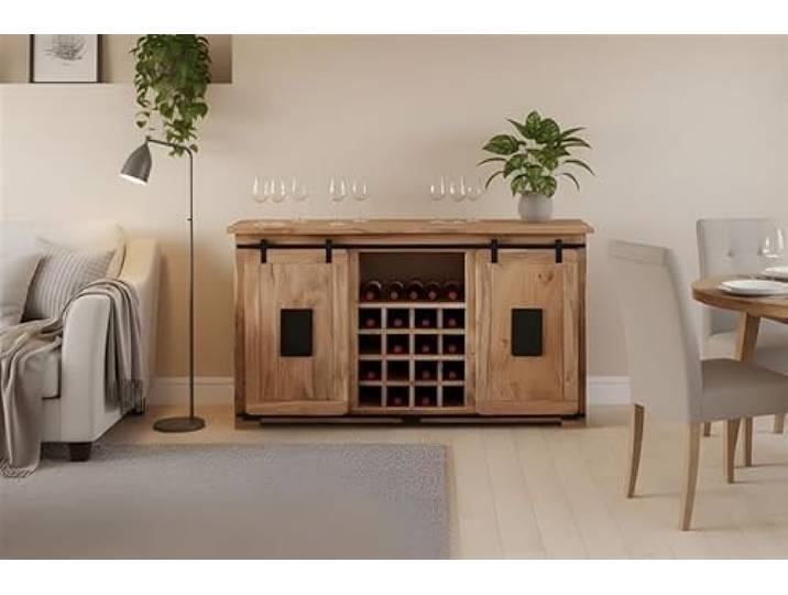 SAM Wein-Sideboard Libro 145x45x85 cm, Akazie Natur, Weinschrank mit 2 Holzschiebetüren, 3 Schubladen, 3 offenen Fächern & 16 Flaschenfächern, Akazienholz naturfarben & massiv