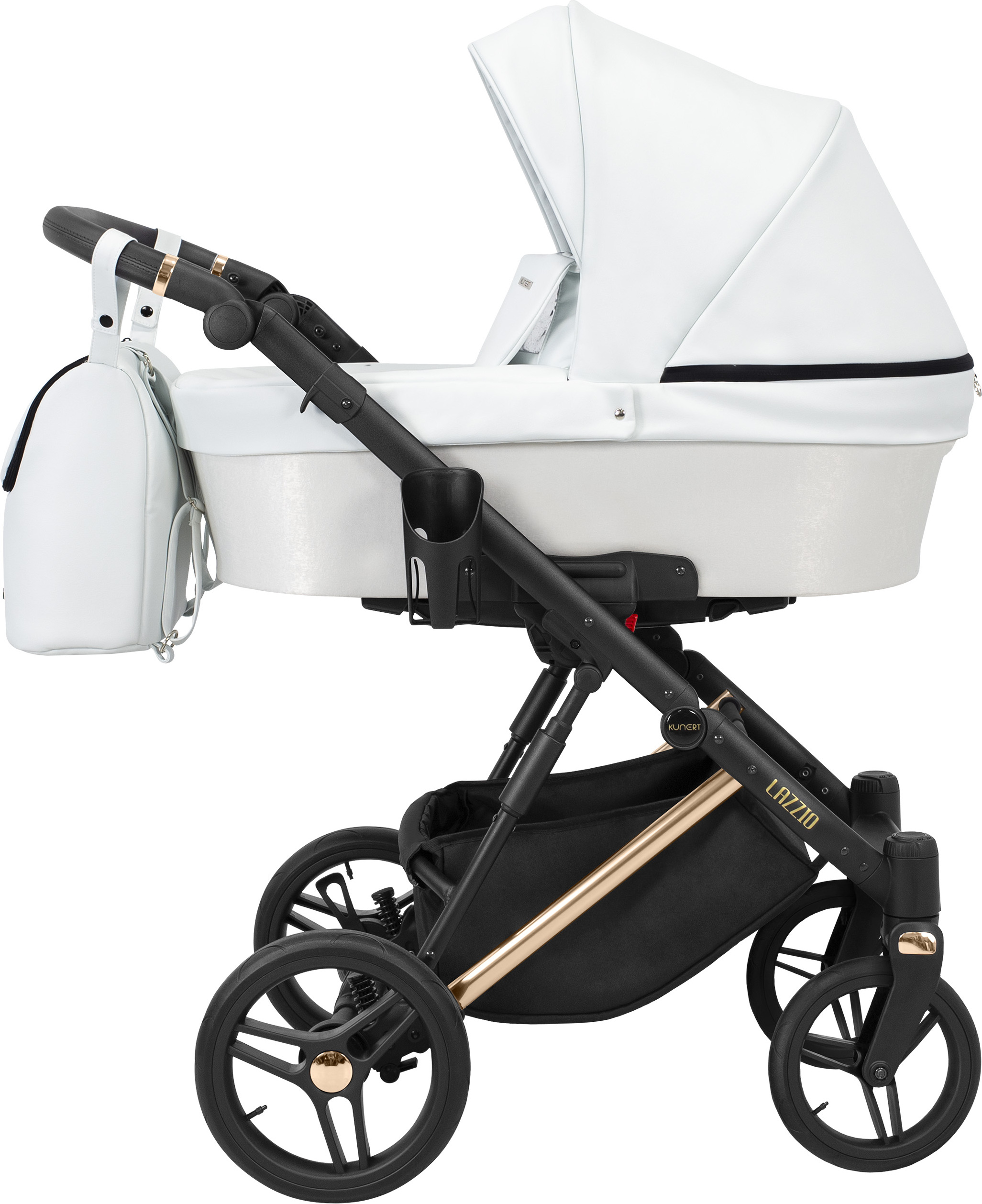 Kinderwagen LAZZIO PREMIUM Babywagen Babyschale Kinder Wagen Set 1 in 1 (weiß + eco, Rahmenfarbe: Kupfer)