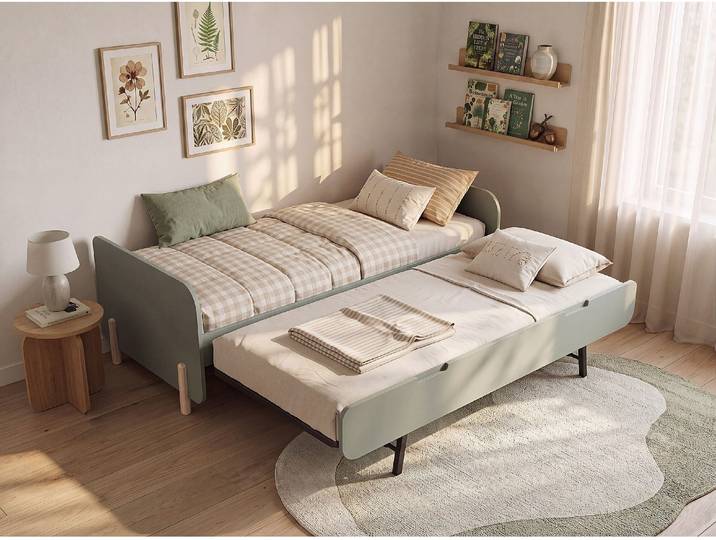 Ausziehbett 2 x 90 x 190 cm - MDF und Kiefer - Salbeigrün und Naturfarben hell + Matratze - TALUDO