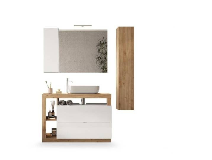 Ensemble meuble Salle de bain 110cm simple vasque + colonne - Coloris chêne clair et laqué blanc - HAMBOURG