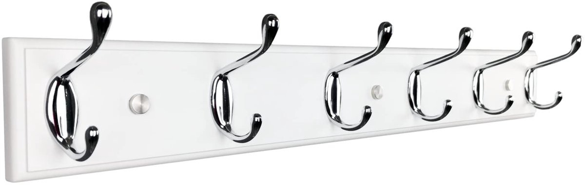 Witte houten wandkapstok met 6 zilveren haken, breedte: 58 cm