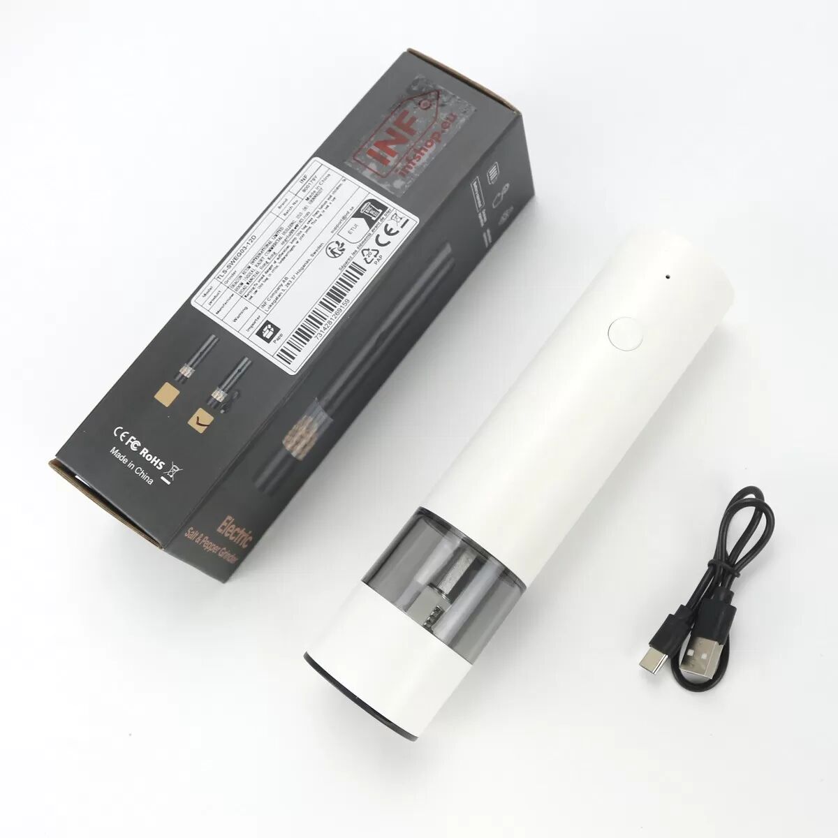 INF Wiederaufladbare elektrische Pfeffermühle - USB-Aufladung, Keramikmahlwerk, tragbare Gewürzmühle
