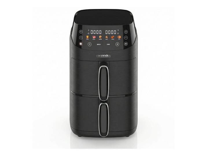 Arendo Heißluftfritteuse mit 2 Kammern Übereinander, Doppelkammer Airfryer 5L, Dual Zone, 2000 W, mit Zubehör, Umluft Backofen, Edelstahl, fettarmes gesundes Kochen