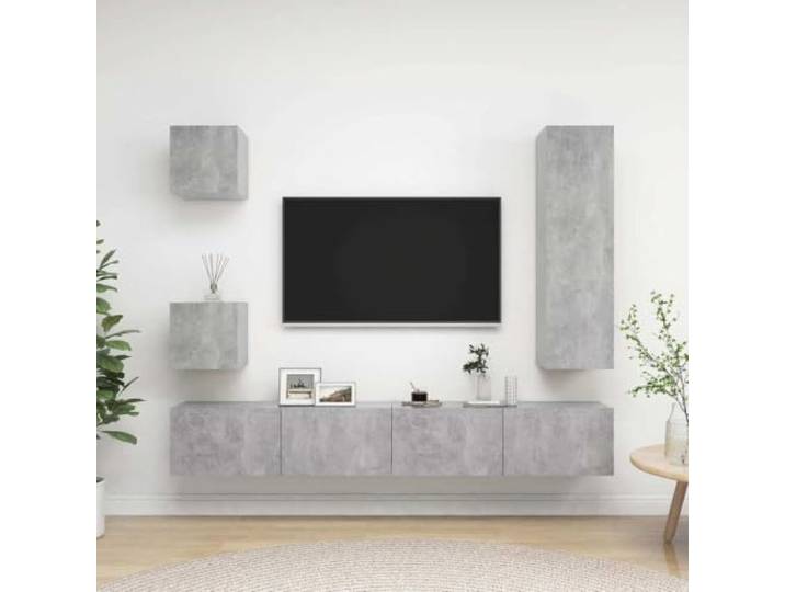 HEFZGDB 5-TLG. TV-Schrank-Set Betongrau Holzwerkstoff Wandmontage Stauraum Organizer