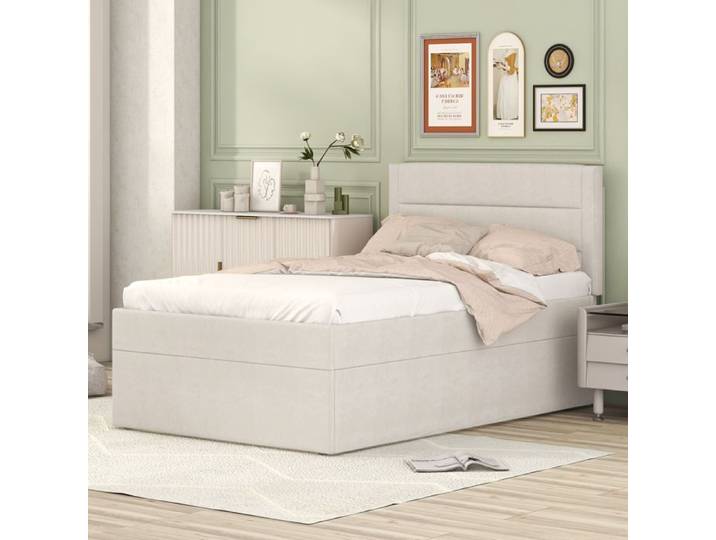 Lit coffre - PDZZZD - 90x200cm - Lin beige - Sommier inclus - Lit enfant