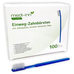 Medi-Inn Einmalzahnbürsten mit Zahnpasta, einzeln hygienisch verpackt, blau 100 Stück