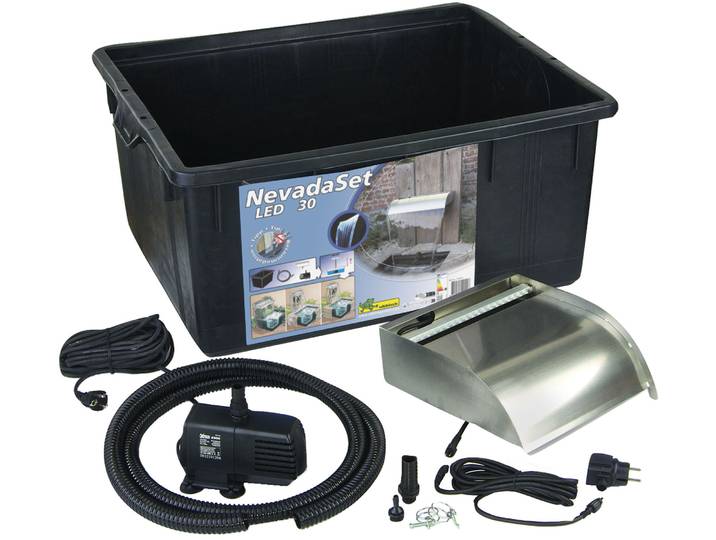UBBINK Wasserfall Nevada Set 30 cm / mit LED-Beleuchtung / inkl. Wasserbecken , silber, Wasserspiele, Komplettset mit Pumpe und Anschlussmaterial, Wasserfall