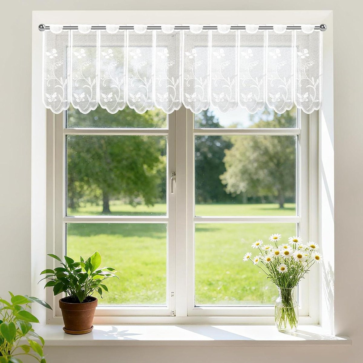 Wit Vitrage Keukengordijn met Kant en Linnenlook - Semi-transparant Bistrogordijn - 130 x 45 cm