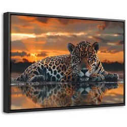 LEINWAND Bilder mit Rahmen - Natur - Leopard - Tier - Sonnenuntergang - Modern - 30x20