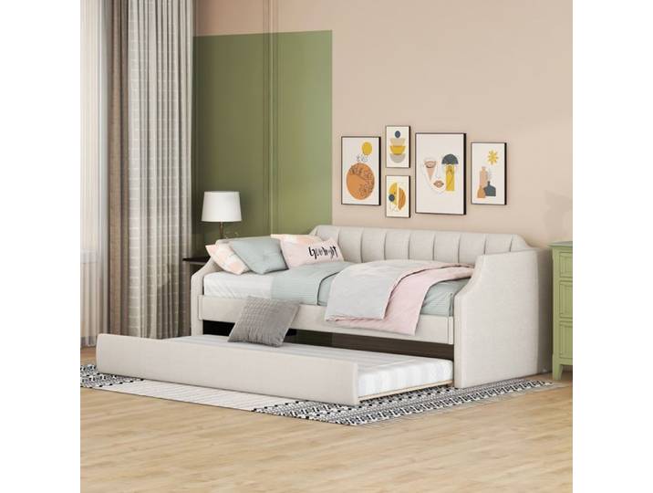 Lit banquette 90x200/190 cm rembourré avec lit gigogne lit simple enfant beige
