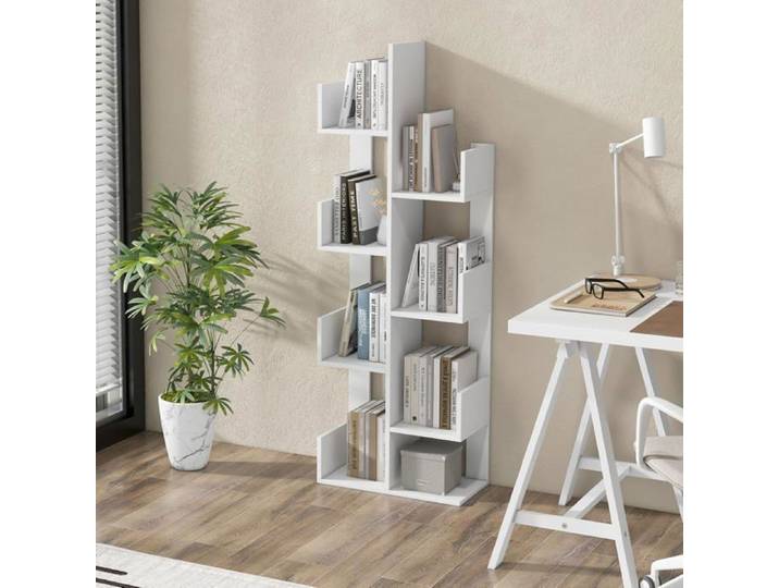 GOPLUS Bibliothèque à 8 Niveaux Forme d'Arbre Charge 80kg Étagère de Rangement de Bureau avec Dispositif Anti-Basculement Blanc