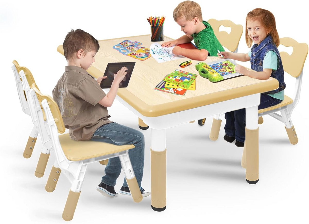 Hoogteverstelbare kindertafel met 4 stoelen voor creatief spelen en leren