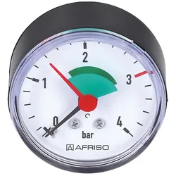 Rohrfeder-Manometer für Heizung/Sanitär - Axial Exzentrisch, Afriso, Ø50mm, DN8 (1/4''), 3bar Markierung