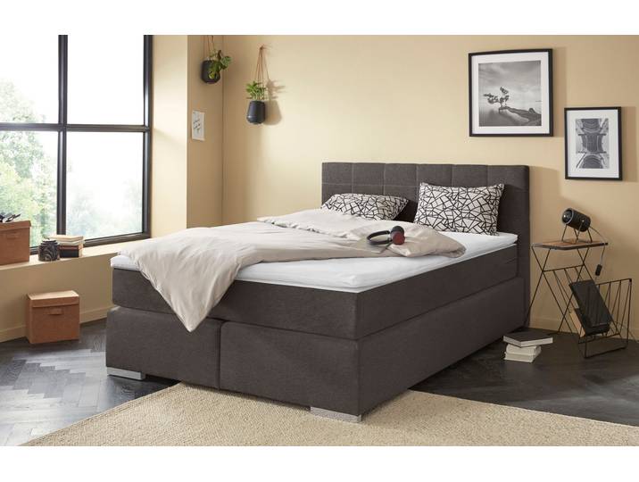 Boxspringbett, Polyester, Grau, 140×200 cm, 5-Zonen-Taschen-Federkern, H3, Cotta