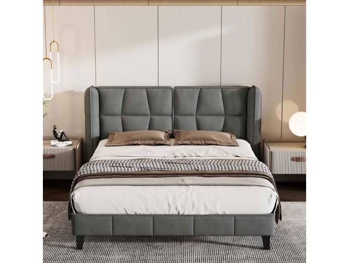 Lit adulte 140x200cm avec sommier lattes tissu en velours gris - MODERNLUXE - Contemporain - Design