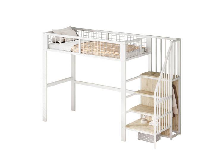 Modfu Hochbett aus Metall 90x200 cm in Weiß mit Leiter & Kleiderschrank, 90x200 cm, Babymöbel & Kindermöbel, Kinderzimmer & Jugendzimmer, Kinderbetten, Hochbetten