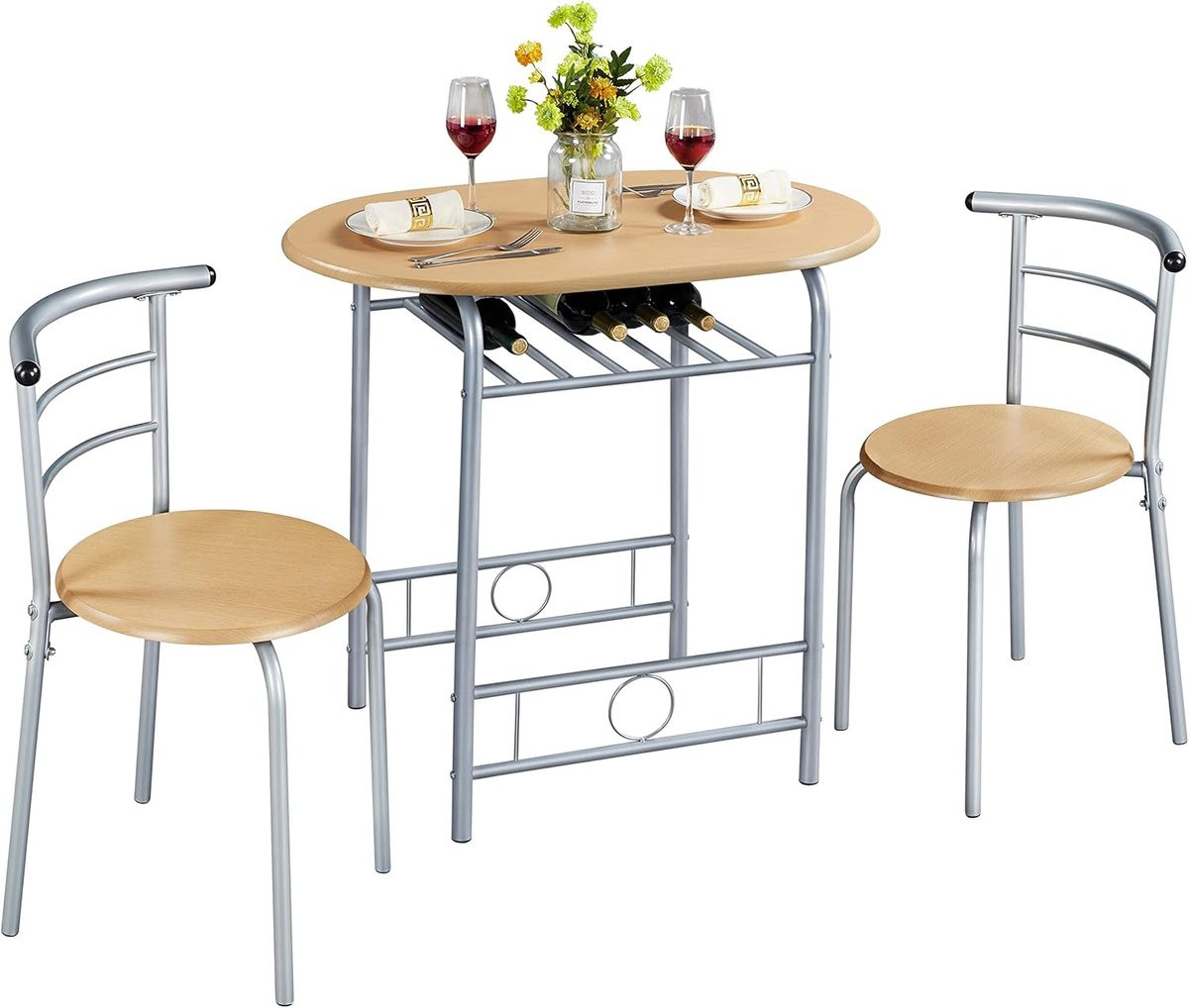 3-delige houten eetkamergroep met eettafel en 2 stoelen voor woonkamer, balkon of terras