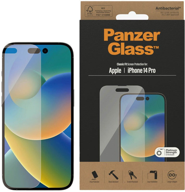 iPhone 14 Pro PanzerGlass AntiBacterial Classic Fit Skærmbeskyttelsesglas - Platinum Strength - Gennemsigtig