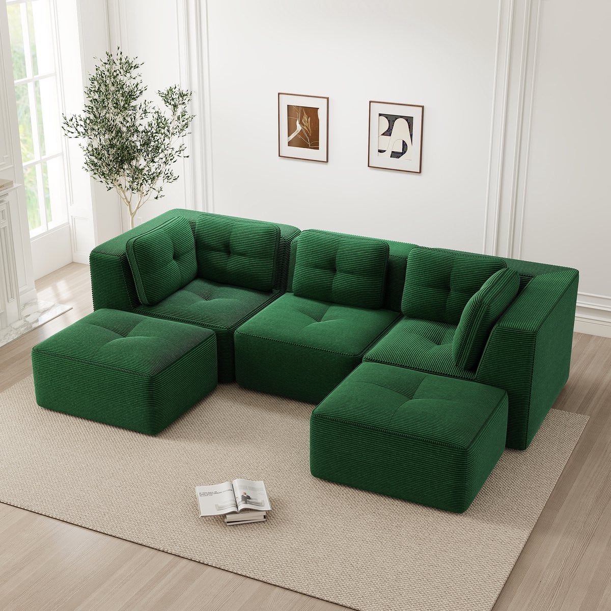 MODFU Modulaire Hoekbank met Slaapfunctie - Minimalistisch Design - Groen Ribstof