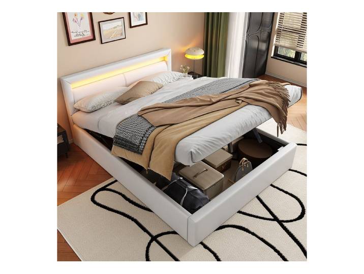 Flieks Polsterbett, LED Beleuchtung Doppelbett Stauraum Kunstleder 140x200cm