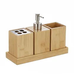 Relaxdays Badaccessoires Set, 4-teilig, Bambus, Pumpseifenspender, Zahnputzbecher, Zahnbürstenhalter, mit Schale, natur