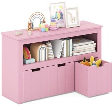 Costway Kid Toy Storage Cabinet Drawer Chest with Wheels and Large Storage Cube Shelf-Pink