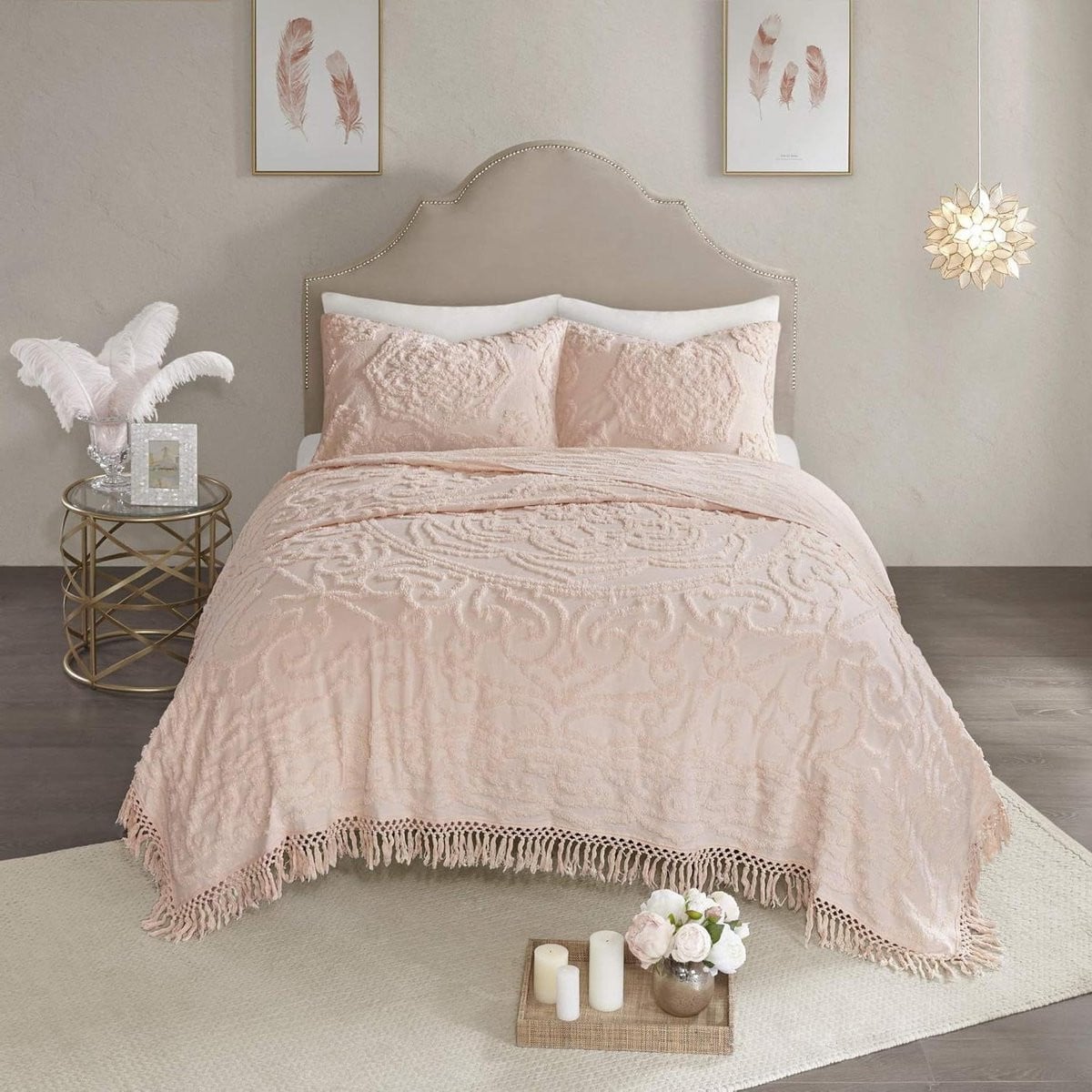 Katoenen Quiltset Chenille Bloemen Blush King California King