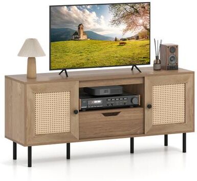 Costway Boho TV Stand for 60 Inch TV Entertainment Center with Cabinets and Storage Shelf-Natural