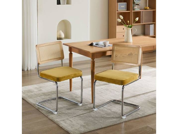 Chaise salle à manger 2 pièces velours dos canne naturel piètement chrome inoxydable design Breuer couleur or
