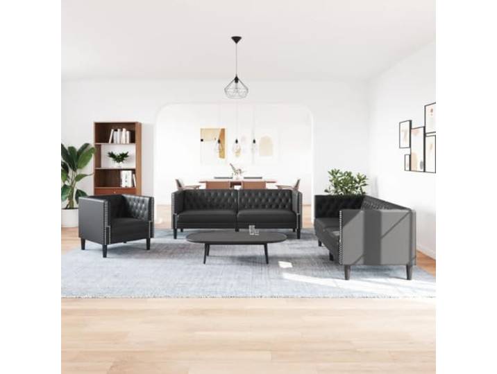 KTHLBRH Chesterfield-Sofa-Set, 3-teilig, schwarz, Kunstleder Strapazierfähiges Kunstleder, Schaumstoffpolsterung, robuste Beine, maximale Traglast 110 kg