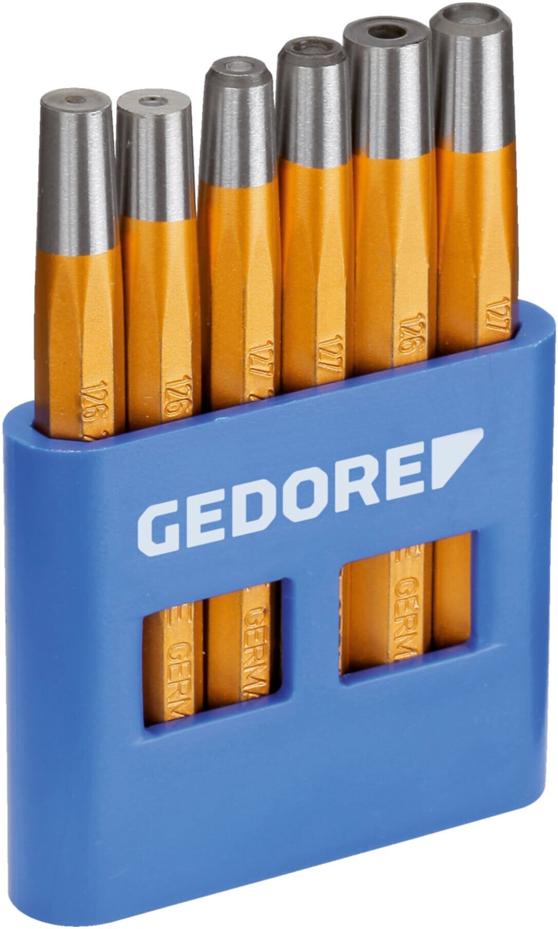 Gedore Nietzieher und -kopfsetzer-Satz, 6-teiliges Set, gehärtet für Schlagwerkzeuge, im PVC-Halter, 125 B aus Stahl mit Nietzieher und Nietkopfsetzer für das Vernieten von Blechen oder Rohren mit Schlagwerkzeugen, Inhalt: Nietzieher Ø 3-6 mm und Nietkopf