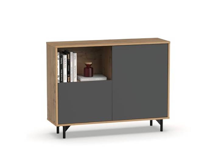 MUEBLES PITARCH Anori Sideboard für Wohnzimmer, Esszimmer, mit Beinen, Farbe: Eiche, Gold und Grau, 112 cm