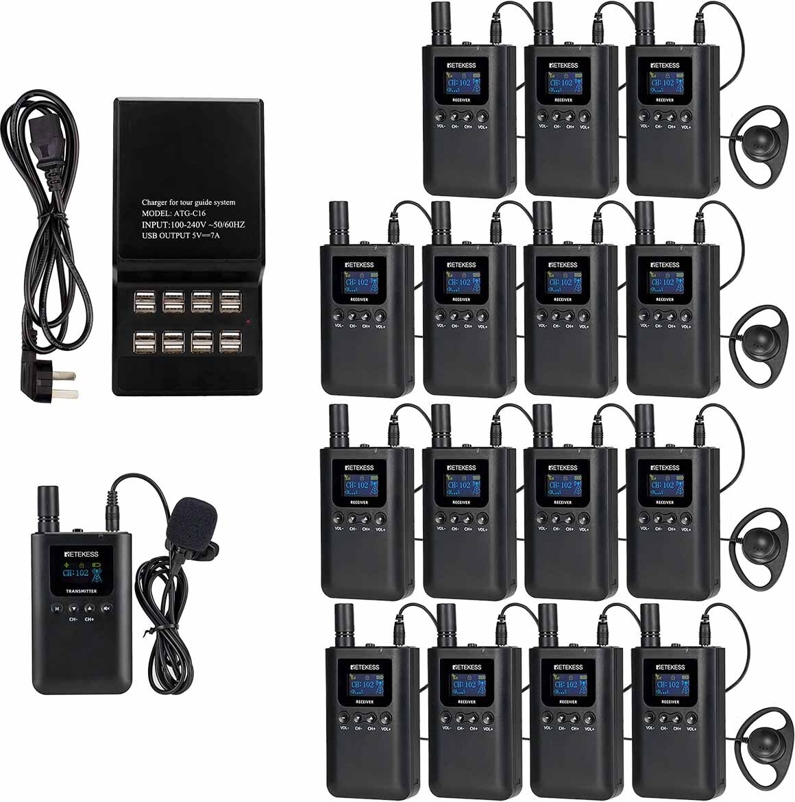 Retekess TT125 Tour Guide System, mit Mikrofon und Headsets. 100 Stunden lange Akkulaufzeit mit 16-Slot-Ladestation
