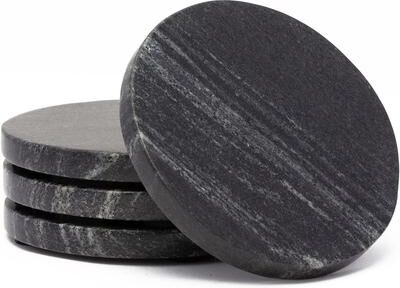 CounterArt "4 Pack Natural Black Marble Round Coasters 4"" Diameter Elegant Heat Tolerant"