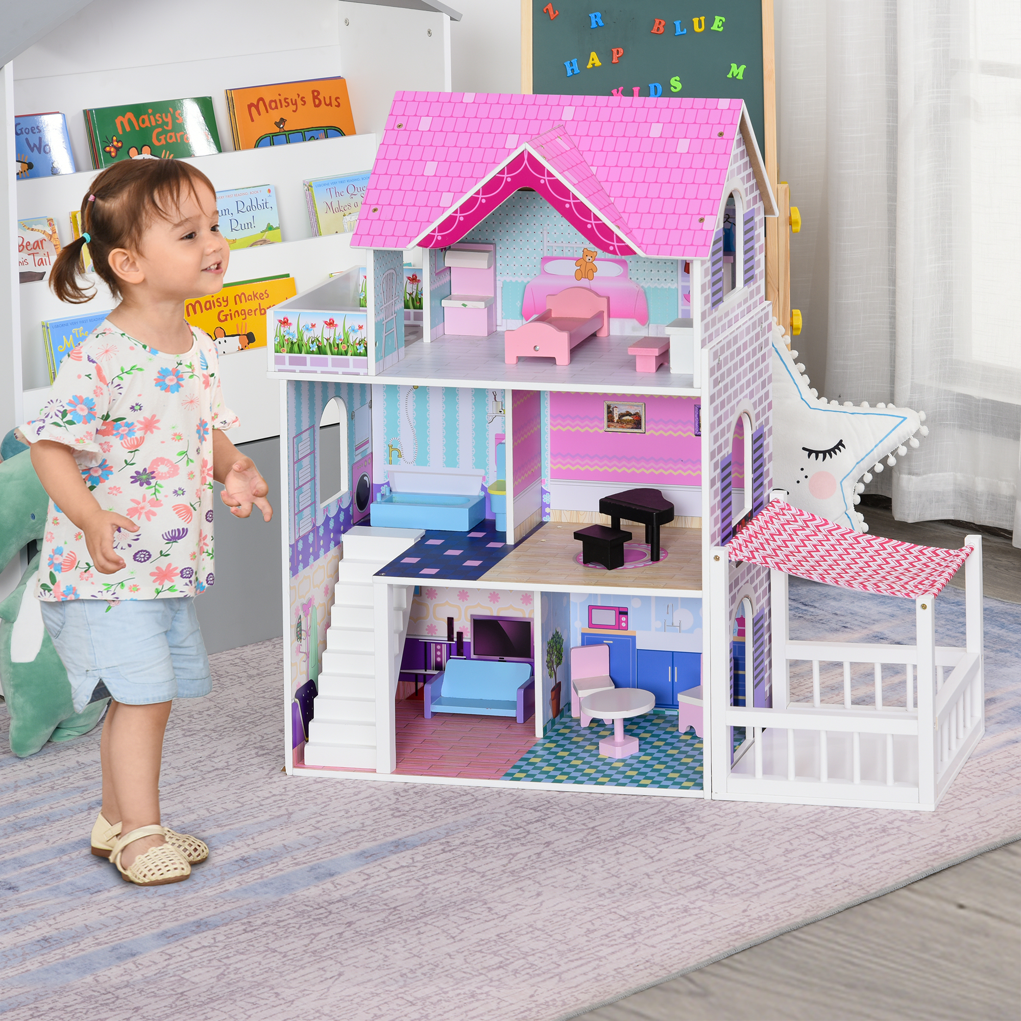 Homcom Casa delle Bambole in Legno per Bambini 3+ Anni con 12 Accessori, Tre Piani, Cortile e Arredamento, Rosa Aosom
