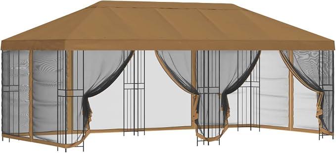 Pavillon 3x6 m mit Seitenteilen, Großer Gartenpavillon aus Polyester und pulverbeschichtetem Stahl, Gartenzelt mit Netzwänden für Garten Partys und Events, Beige